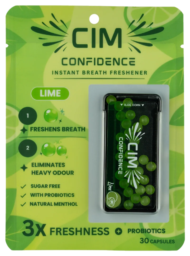 CIM Confidence lime retail pack: instant breath freshener, freshens breath, eliminates heavy odour, sugar free, with probiotics, natural menthol, 3X freshness, 30 capsules