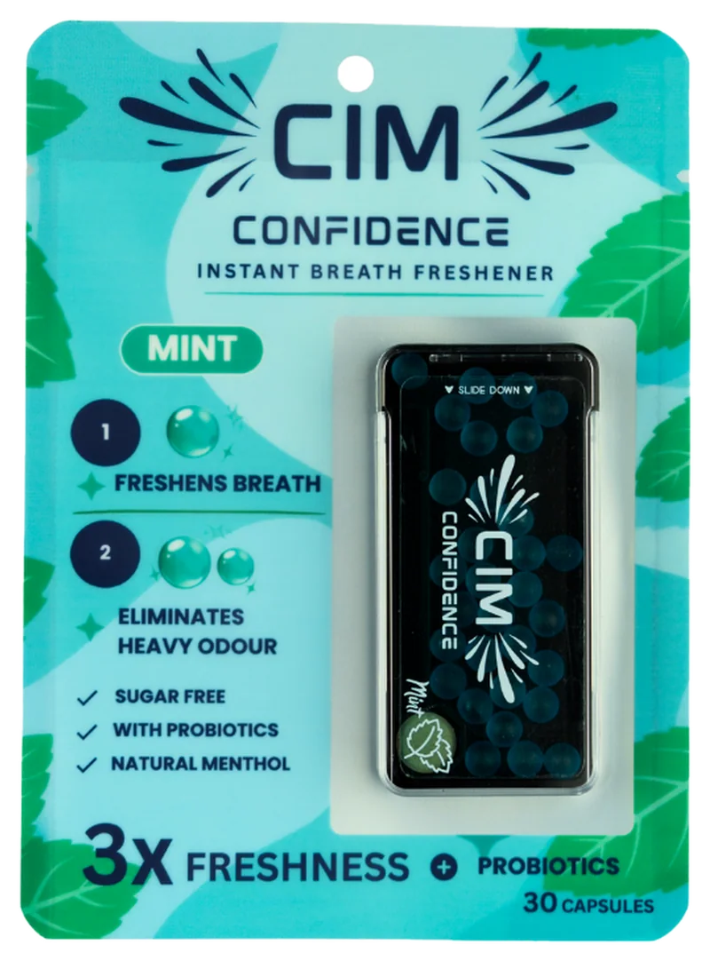 CIM Confidence Mint retail pack: instant breath freshener, freshens breath, eliminates heavy odour, sugar free, with probiotics, natural menthol, 3X freshness, 30 capsules