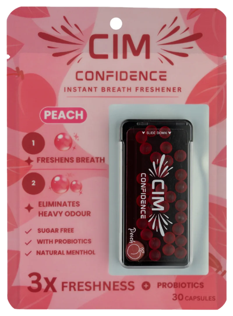 CIM Confidence Peach retail pack: instant breath freshener, freshens breath, eliminates heavy odour, sugar free, with probiotics, natural menthol, 3X freshness, 30 capsules